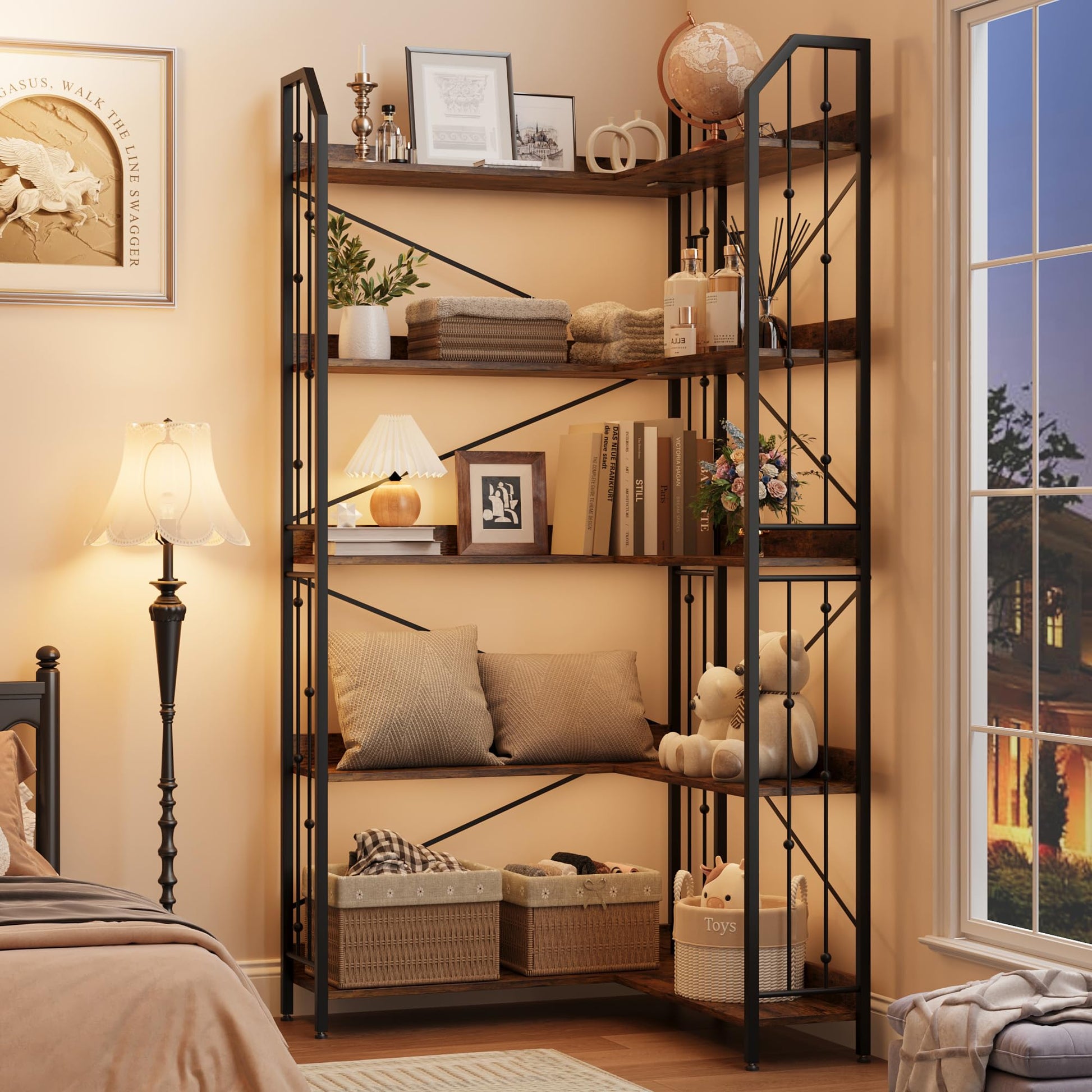 Scaffale angolare Garvee da 72" Libreria industriale a forma di L a 5 ripiani in MDF, metallo, soggiorno, camera da letto, nero