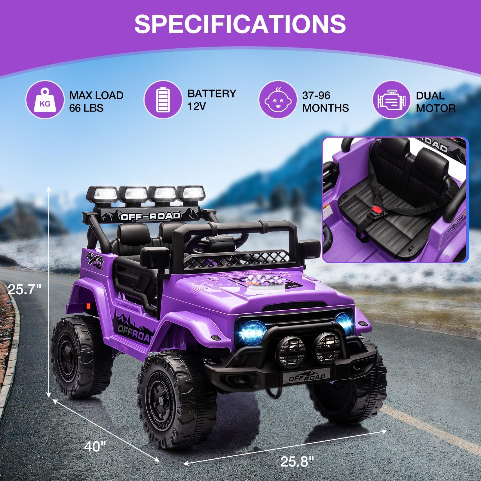 Garvee 12V Auto elettrica per bambini viola con luci a LED Bluetooth per corse di macchinine e feste di gioco per bambini