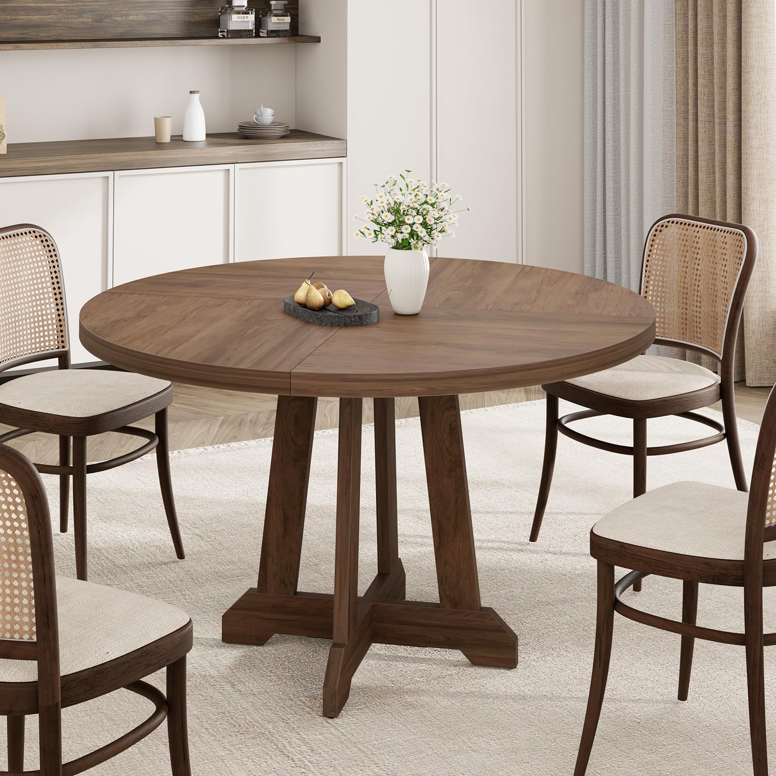 Tavolo da pranzo rotondo Garvee per 4 persone, in legno, 47 pollici, base a croce robusta, piedini regolabili, marrone, cucina e sala da pranzo