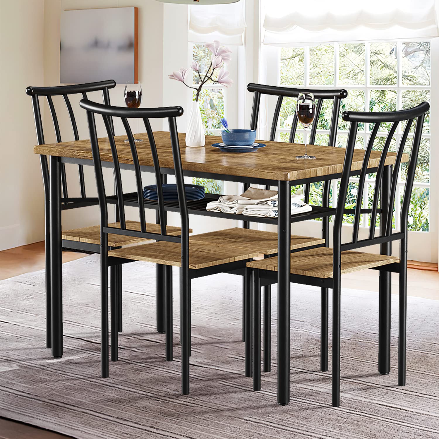Set da pranzo Garvee per 4 persone con portabottiglie, in metallo e legno, rettangolare, marrone ruggine, salvaspazio per stanze e appartamenti di piccole dimensioni
