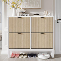 Scarpiera scanalata Garvee con 4 cassetti a scomparsa, organizer per scarpe stretto in legno, gambe in metallo, stile rustico moderno, bianco e rovere, salvaspazio per corridoio