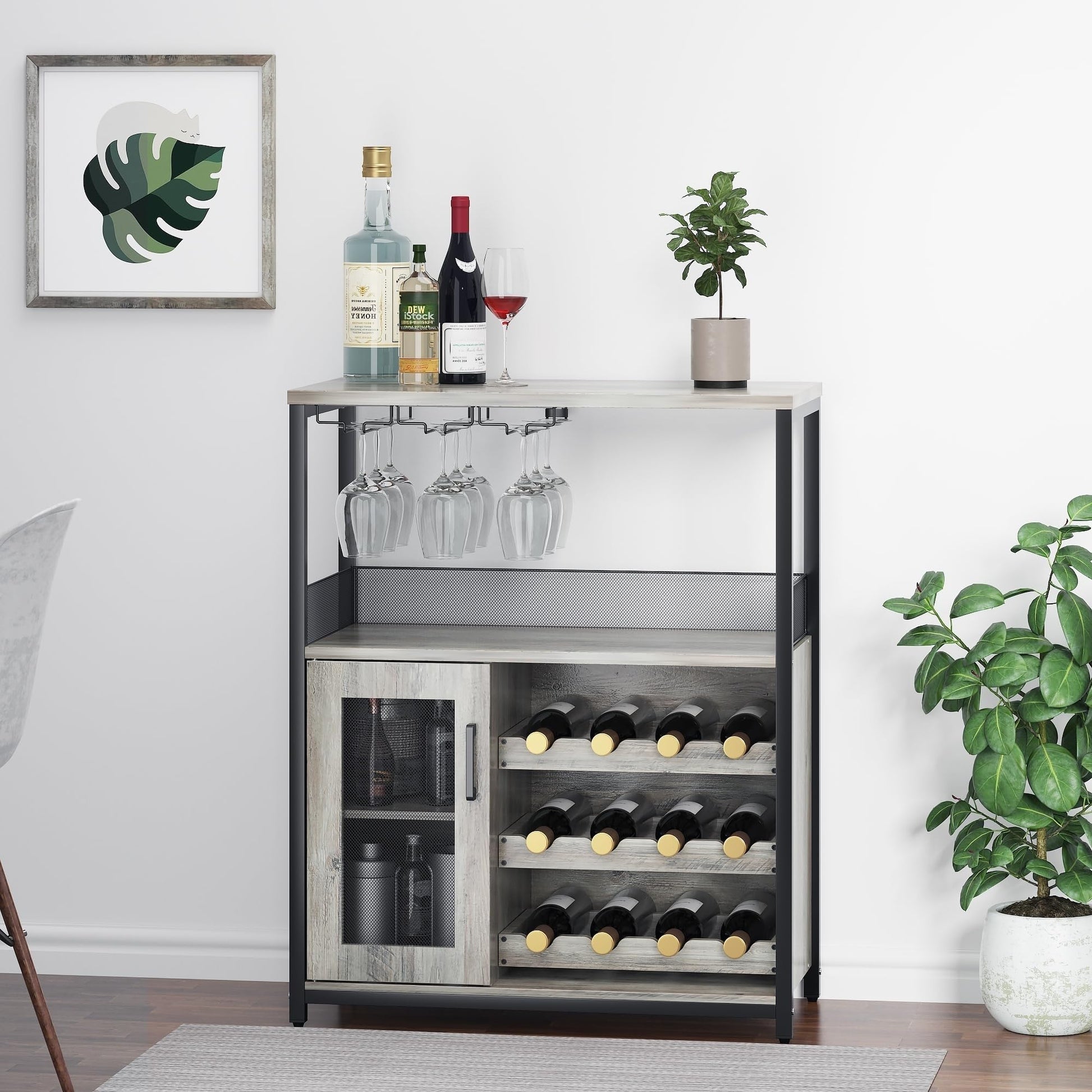 Mobile bar per vino Garvee a 3 ripiani con portabottiglie rimovibile, portabicchieri, ventilato per cucina e bar, 27,2"L x 13,8"P x 36,2"A, grigio