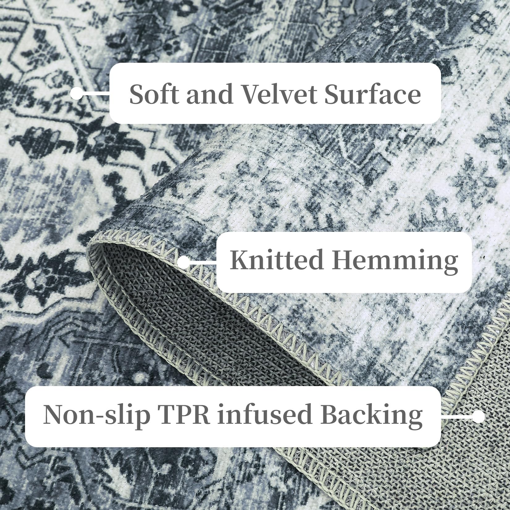 Tappeto Garvee lavabile in lavatrice 80 x 150 cm design vintage grigio antiscivolo soggiorno camera da letto