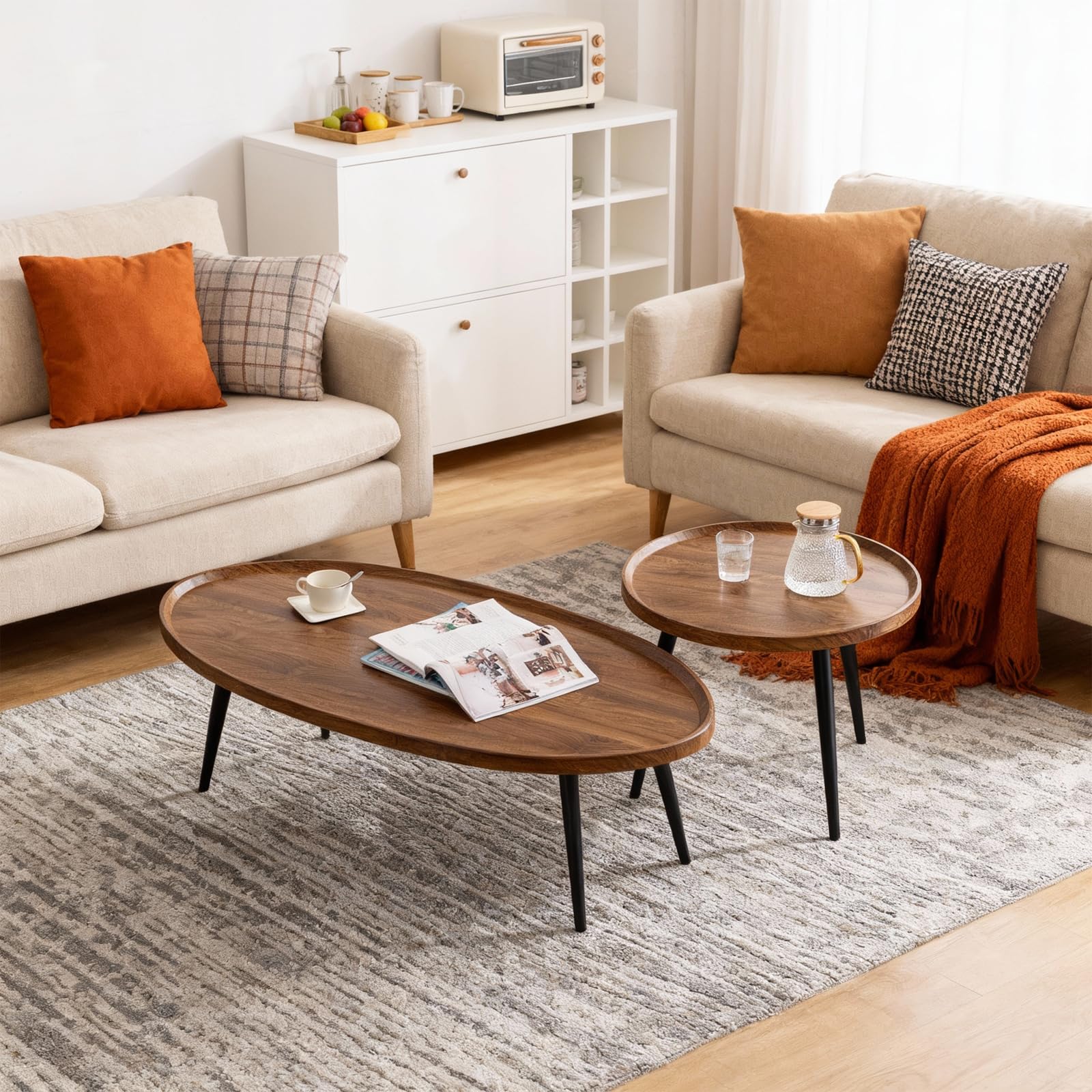 Tavolini da caffè Garvee Nesting Set da 2, Noce, Mid-Century Modern, Impilabili, MDF, Gambe in Metallo, Soggiorno, Balcone