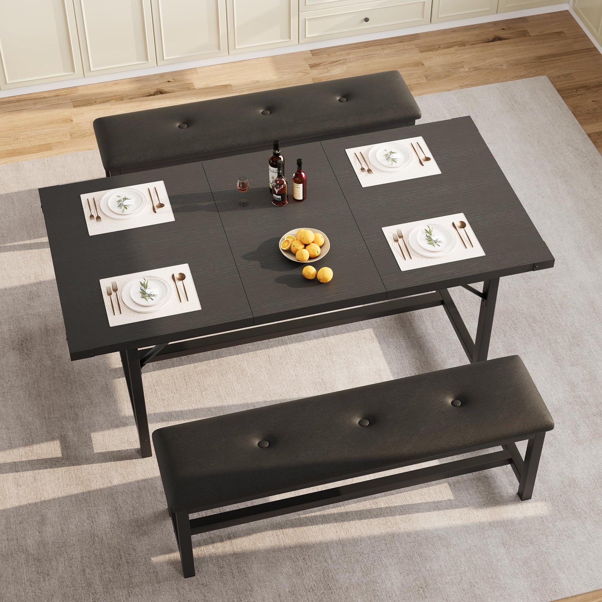 Tavolo da pranzo estensibile Garvee per 4-6 persone, 160 cm in legno, nero retrò, salvaspazio, stabile, facile da montare