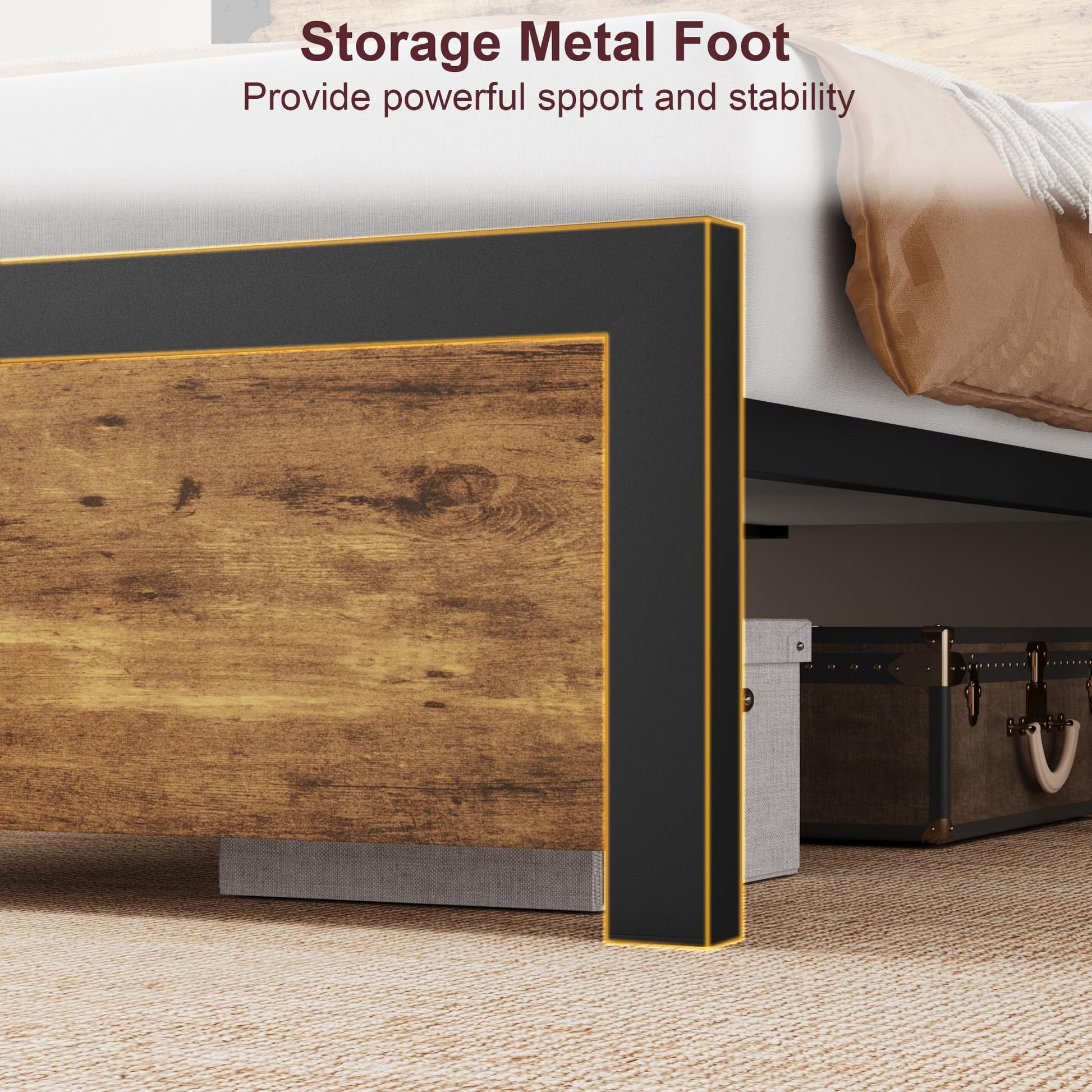 Garvee Letto King Size con Testiera in Legno, Contenitore Sotto Letto, Gambe in Metallo, Marrone Rustico, Camera da Letto, 82x78.7x37.4 in