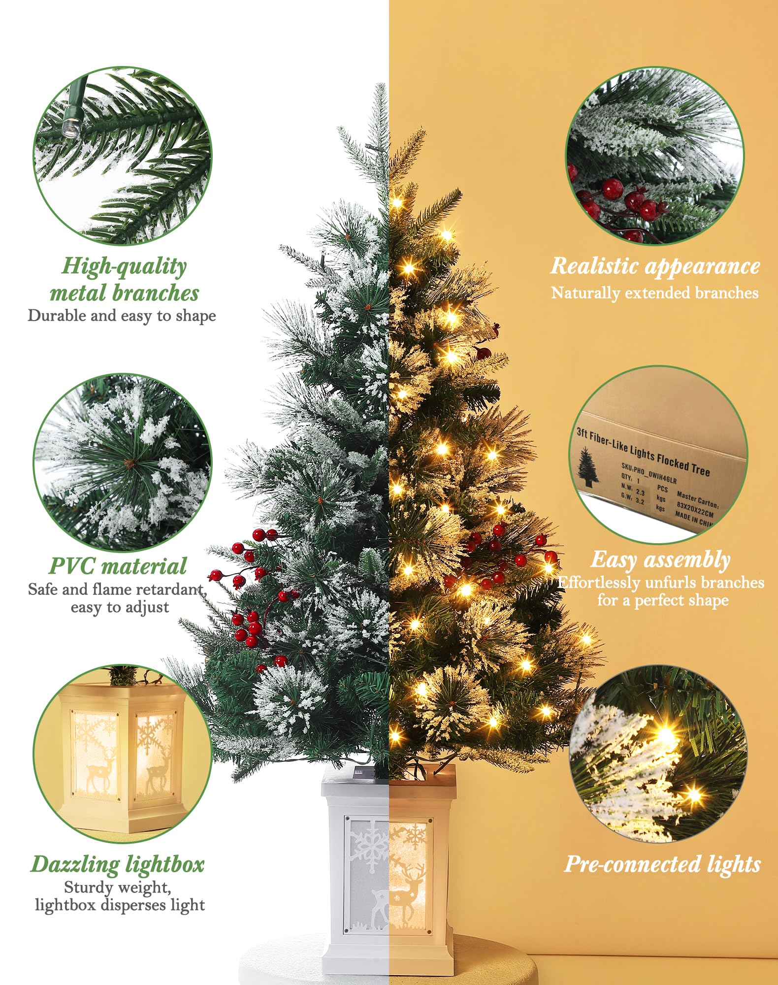 Albero di Natale artificiale Garvee, 1 pezzo – 3 piedi, 78 LED in fibra ottica, 8 modalità di luce, base a renna