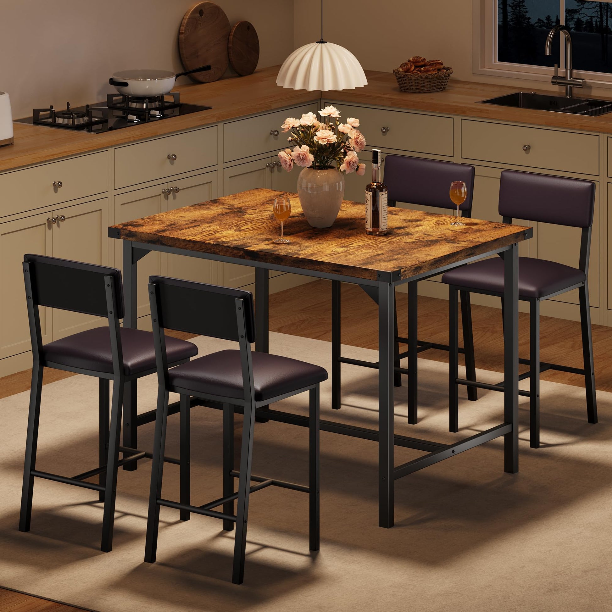 Set da pranzo Garvee per 4 persone con poggiapiedi e protezioni angolari, altezza bancone, sgabelli da bar imbottiti, legno e metallo, compatto, per cucina e appartamento, multicolore