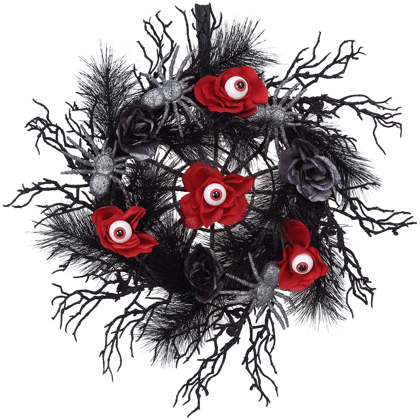 Ghirlanda per porta di Halloween Garvee da 18 pollici con ragni glitterati, rose rosse e nere, rattan nero naturale per uso interno ed esterno, 45 cm, nero