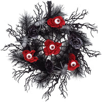 Ghirlanda per porta di Halloween Garvee da 18 pollici con ragni glitterati, rose rosse e nere, rattan nero naturale per uso interno ed esterno, 45 cm, nero