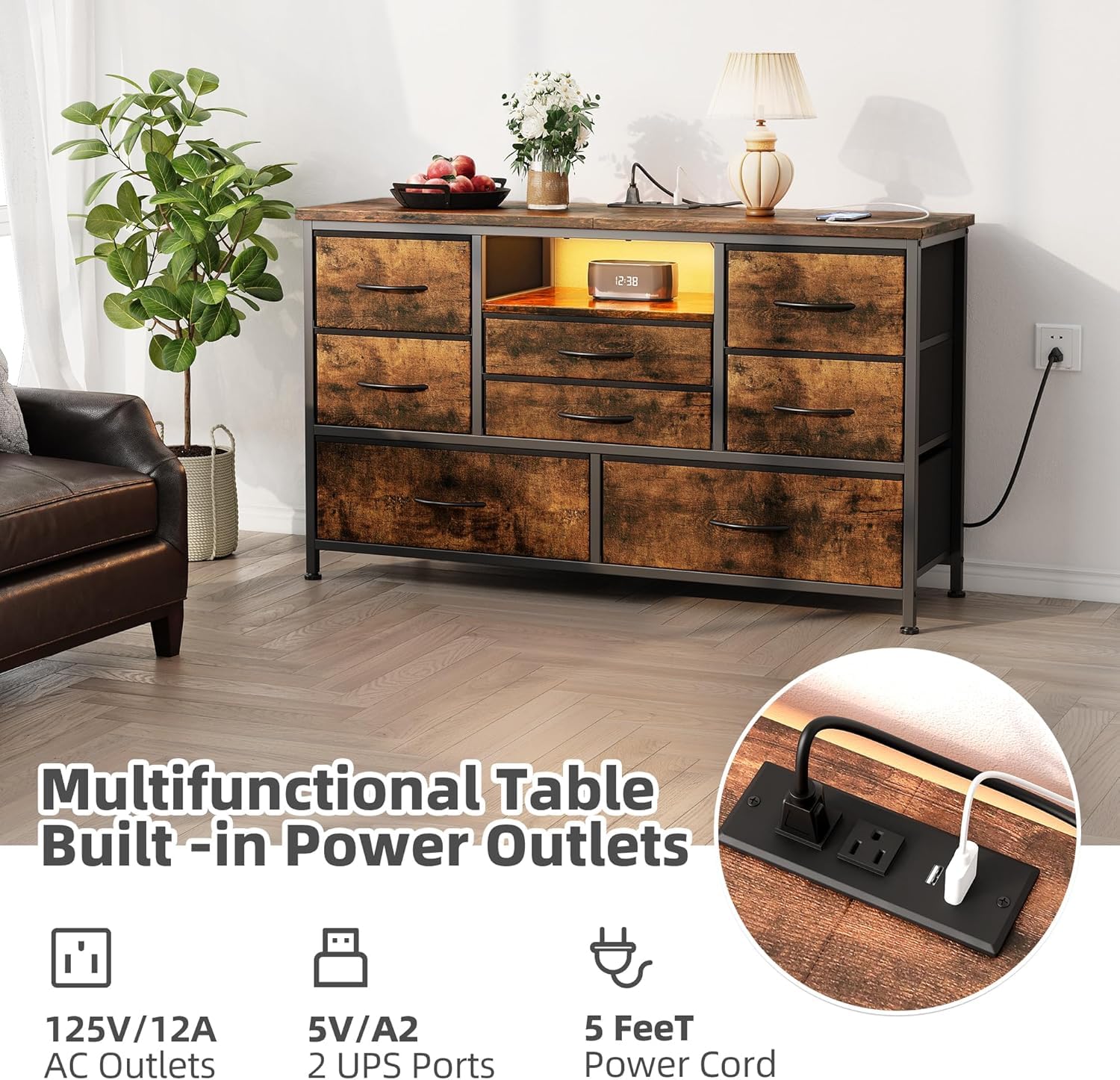 Cassettiera GARVEE con cassetti, con presa e LED, 8 cassetti, cassettiera multifunzionale per camera da letto e soggiorno - Credenza robusta e durevole, 120*36*75 cm