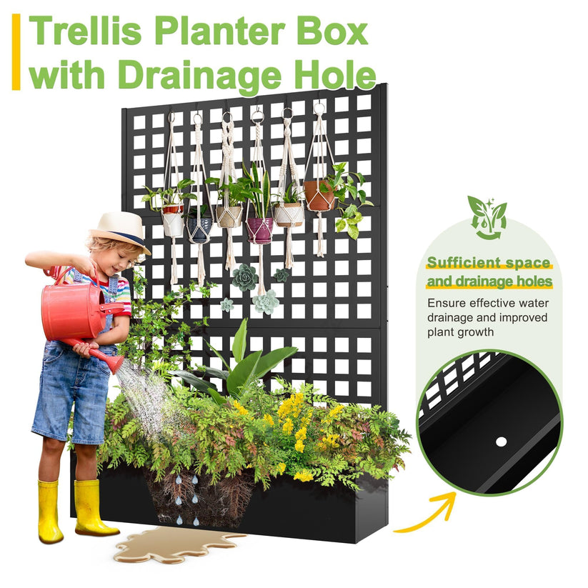 GARVEE Fioriera da Esterno in Metallo Zincato Nero con Traliccio Privacy a 3 Pannelli, Fori di Drenaggio e Ruote Bloccabili, per Patio e Giardino