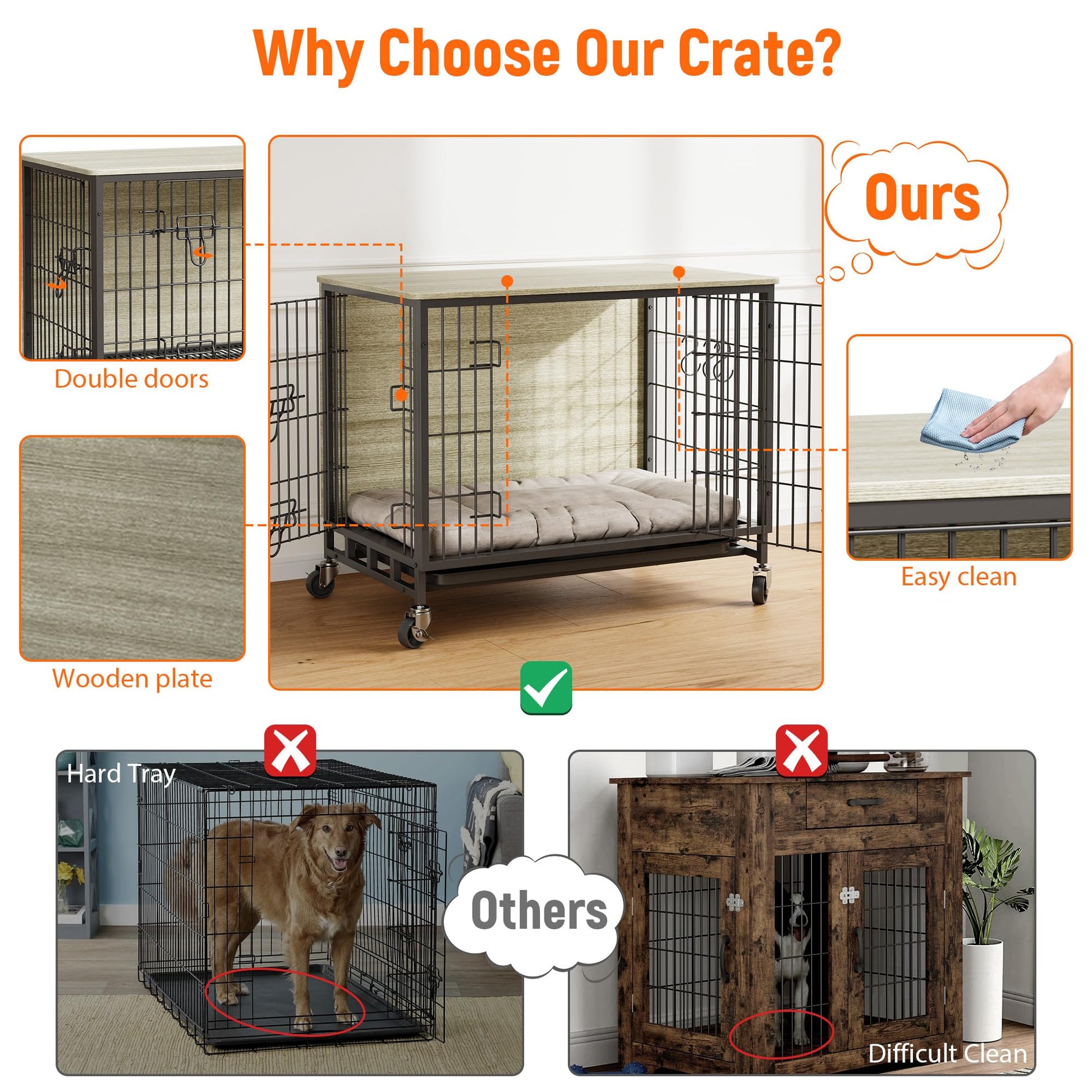 Garvee Dog Crate Furniture 27,2" in legno con ruote e doppie porte per cani di piccola e media taglia, per interni, grigio rustico