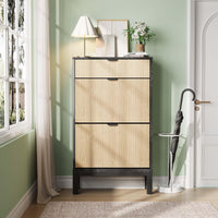 Scarpiera Garvee con 2 cassetti a ribalta, design scanalato in stile rustico, gambe in metallo, nero + rovere, per corridoio e ingresso, stretta