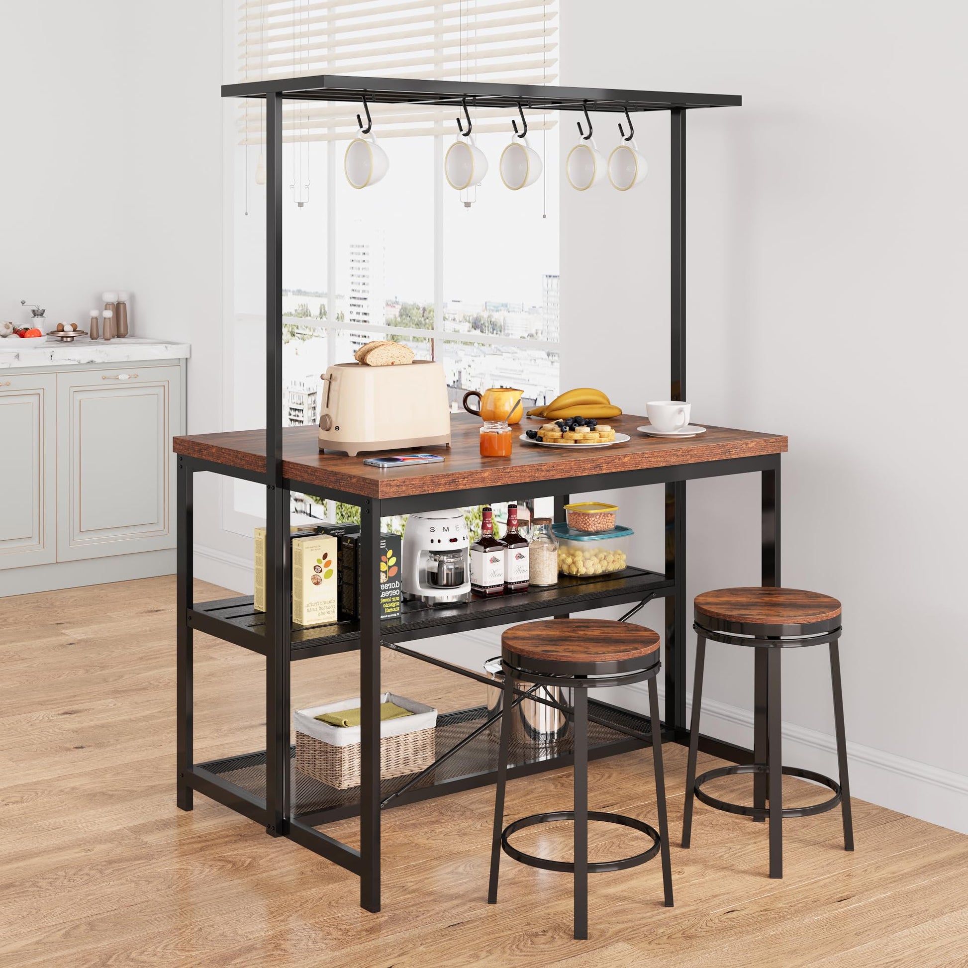Isola da cucina Garvee con spazio di archiviazione, tavolo da 42", ripiani a 3 livelli, 5 ganci, MDF e metallo per cucina e sala da pranzo, versatile, zona pranzo, grigio