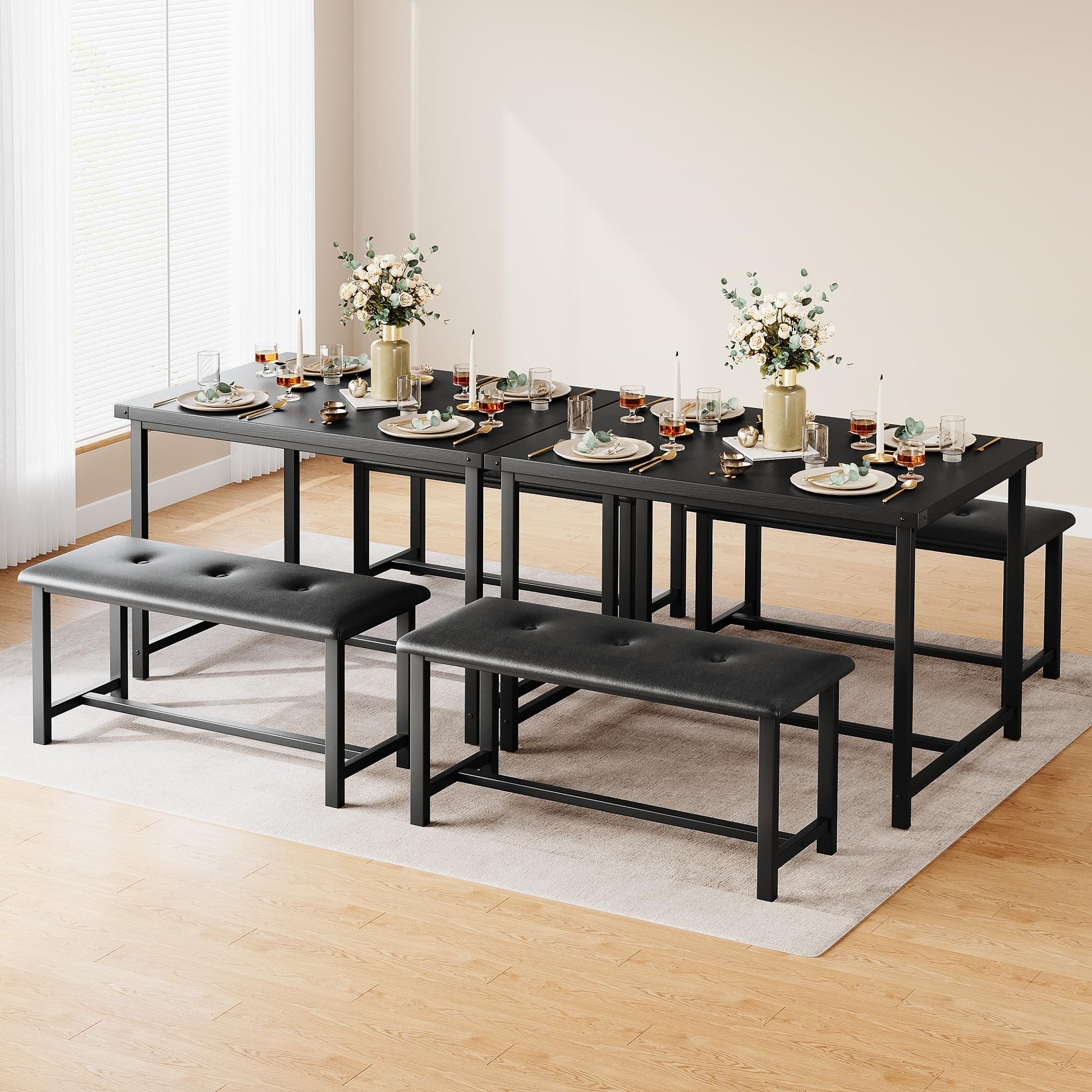 Set da pranzo Garvee per 4 persone con 2 panche imbottite, MDF e acciaio, robusta struttura a forma di H, idrorepellente, salvaspazio, ideale per piccoli appartamenti