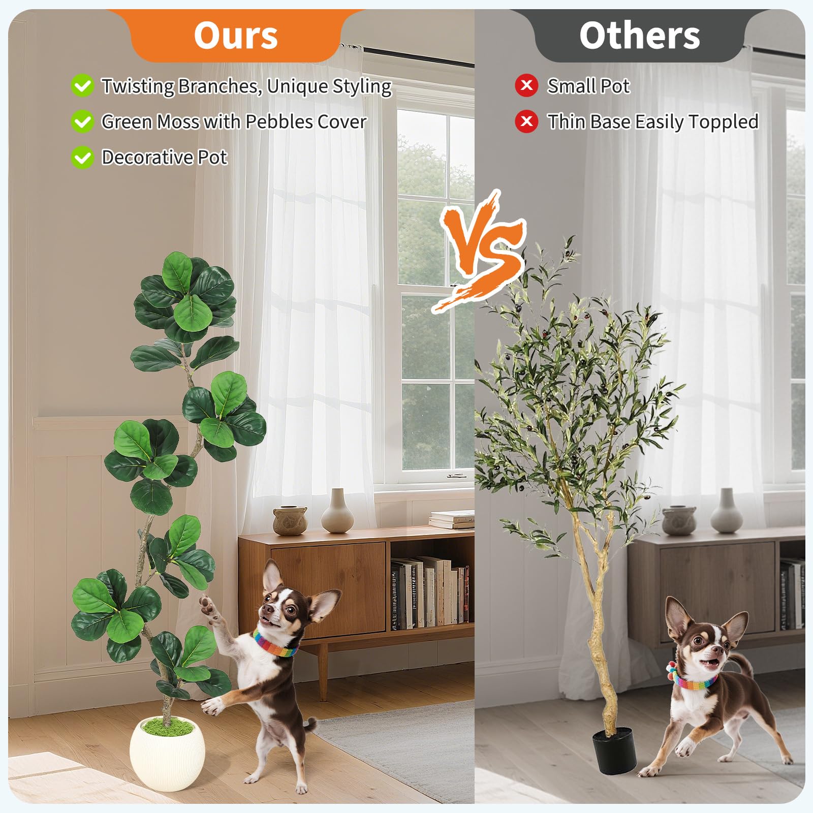 Albero di fico artificiale Garvee da 6 piedi con vaso bianco per soggiorno e ufficio, rami regolabili, resistente alle intemperie, foglie realistiche, decorazione in muschio