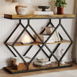 Garvee Tavolo d'Ingresso a 3 Livelli Tavolo Consolle Industriale Ripiani Aperti Struttura Metallica Diamante 4cm Marrone Rustico - Marrone Rustico + Forma a Diamante