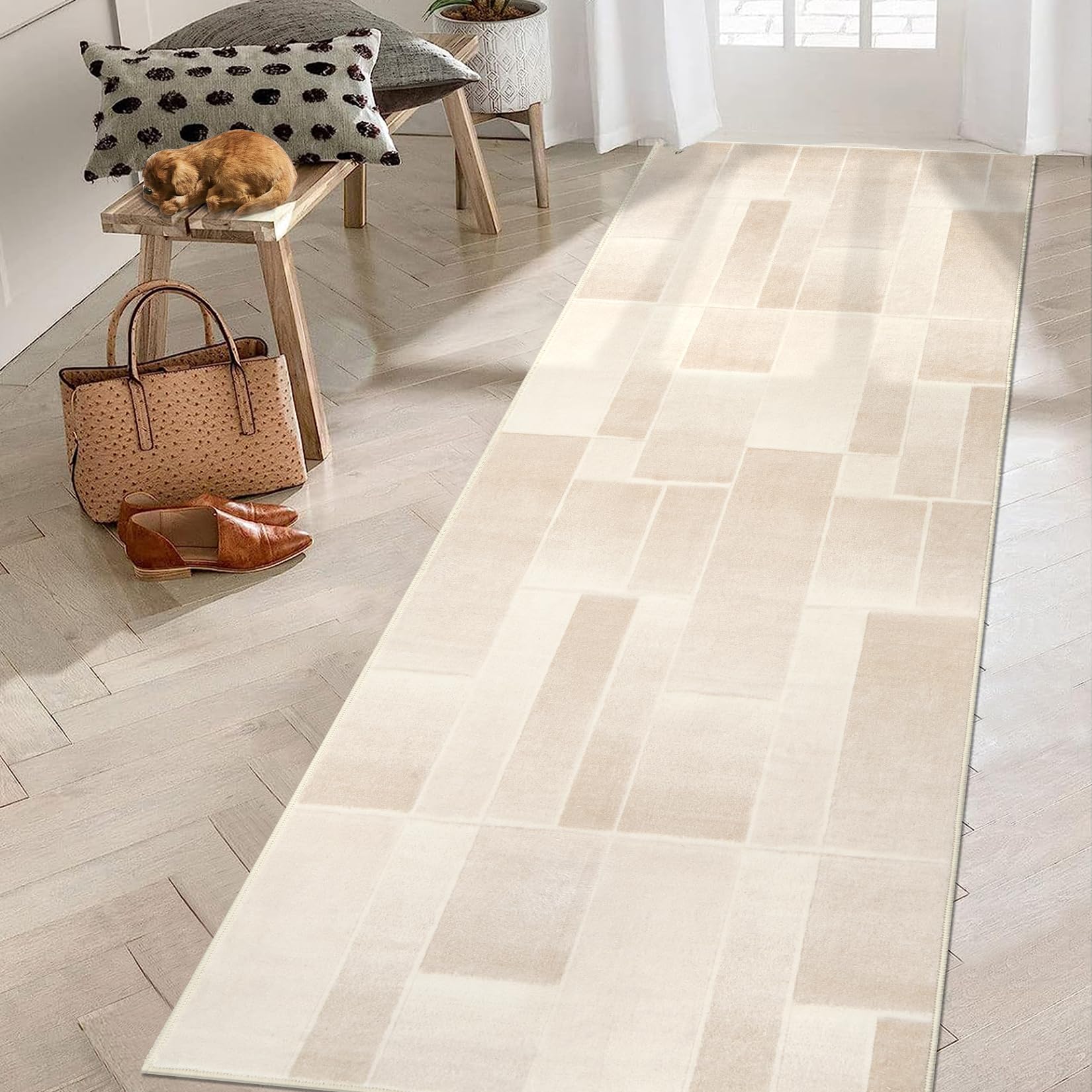Tappeto Garvee lavabile a pelo corto 80 x 150 cm beige antiscivolo moderno per soggiorno camera da letto cucina
