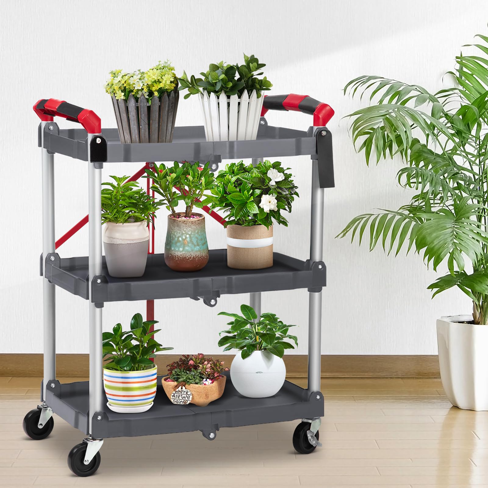 Carrello di servizio pieghevole Garvee a 3 ripiani, struttura in alluminio, pieghevole, per ufficio e casa, capacità di carico di 56 libbre, nero