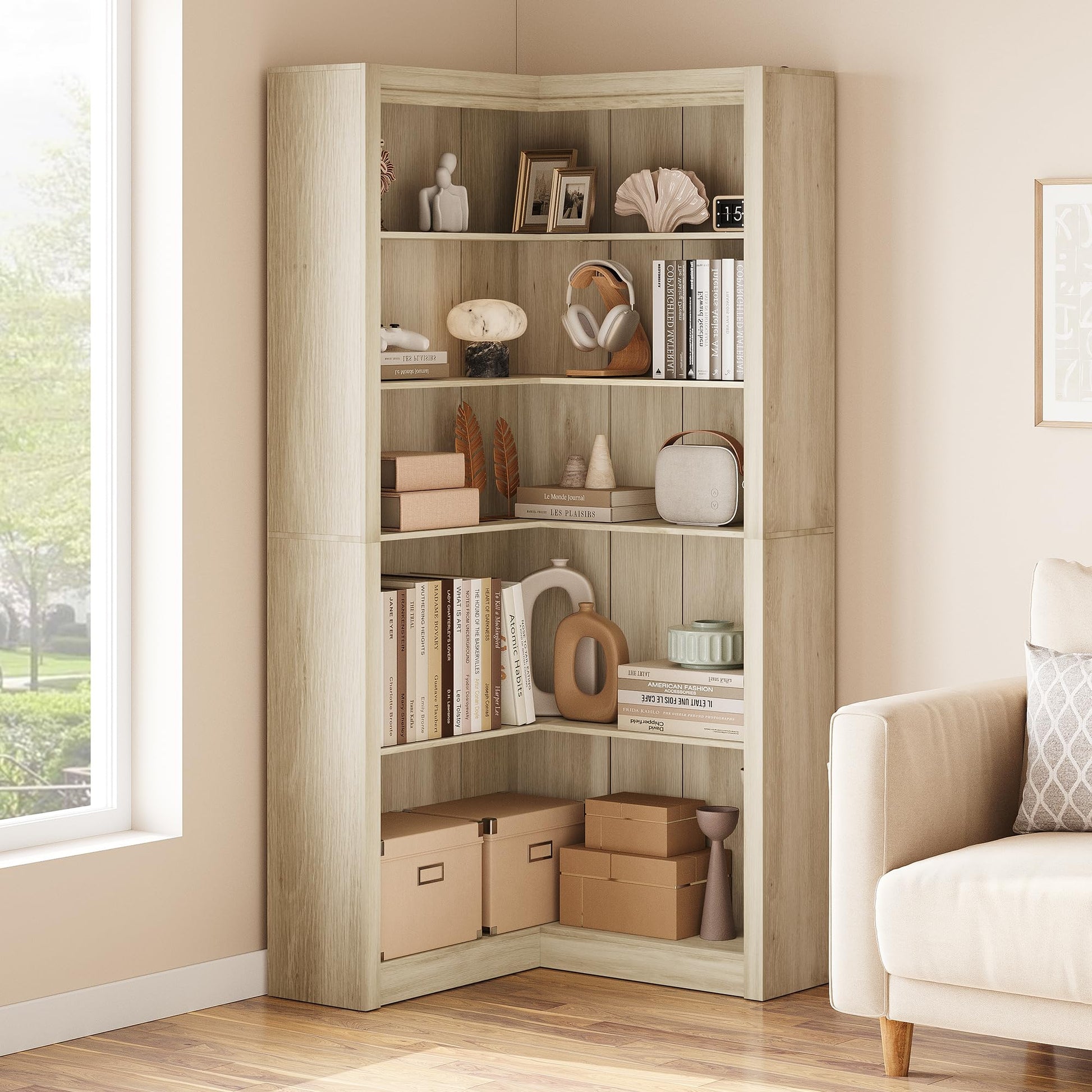 Mensola angolare Garvee da 71,8" a forma di L in stile rustico, a 5 ripiani, in MDF, antigraffio, stabile, con kit antiribaltamento, per soggiorno, bianco