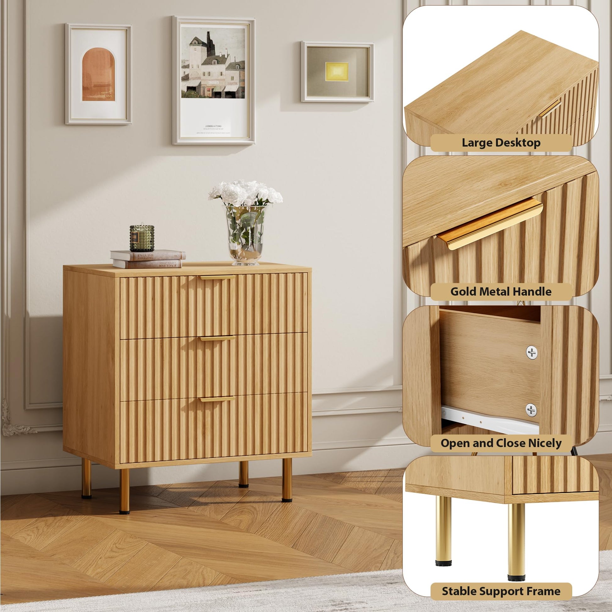 Mobile porta TV Garvee via camera da letto, moderno scanalato, 3 cassetti profondi, ecologico, impermeabile, versatile, nero