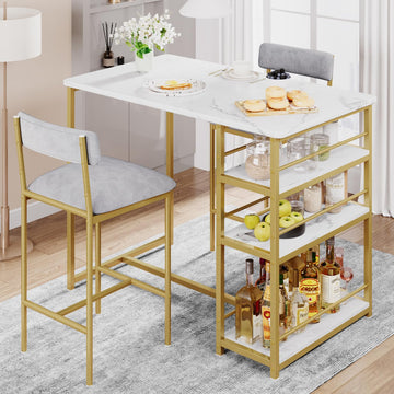 Set da pranzo Garvee per 2 persone con seduta in velluto, 3 ripiani, MDF e acciaio, tavolo in marmo impermeabile, grigio-oro, salvaspazio per punch piccole