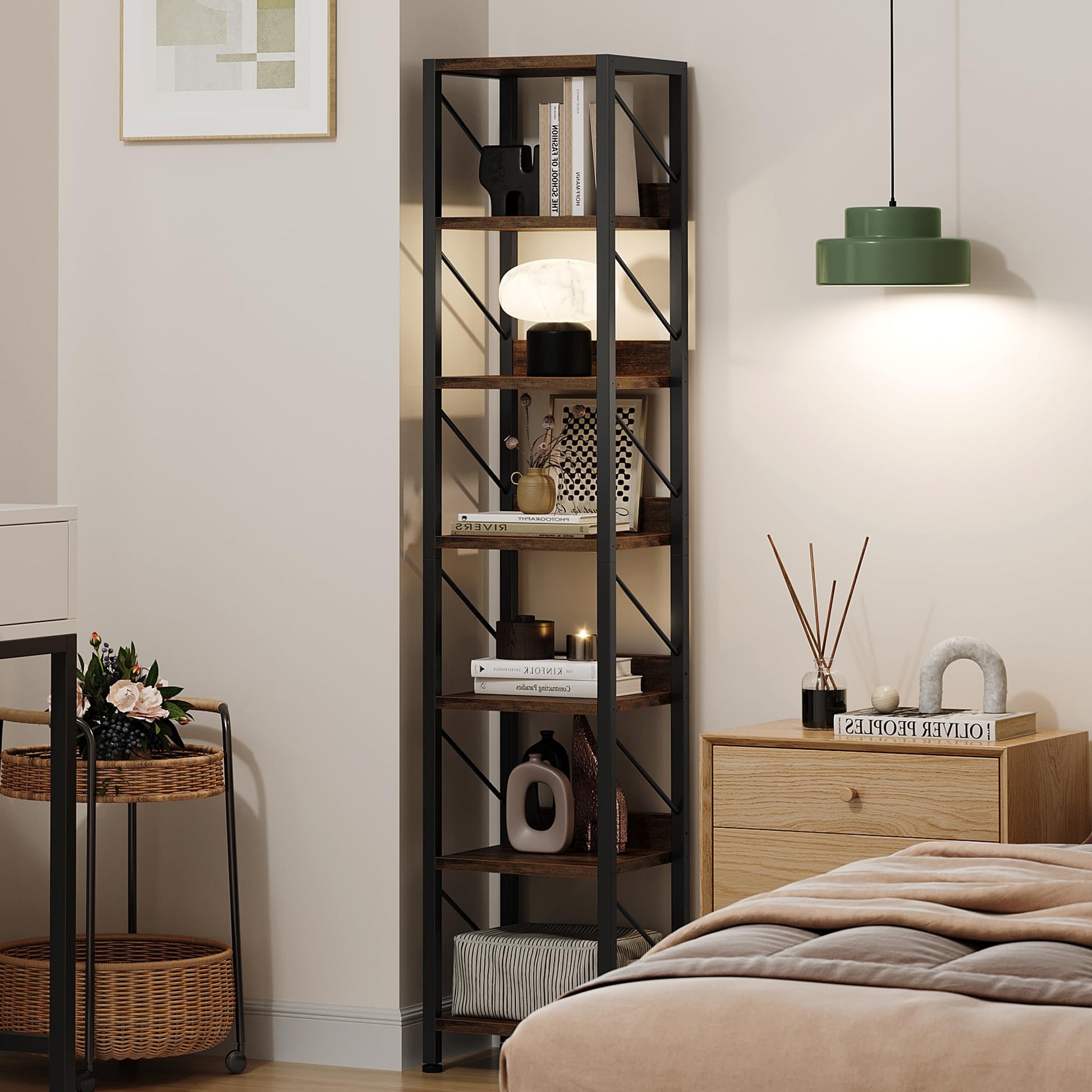 Libreria stretta Garvee a 6 ripiani con 6 ripiani per camera da letto e ufficio, 66"x12"x12", MDF robusto e metallo, design industriale, salvaspazio