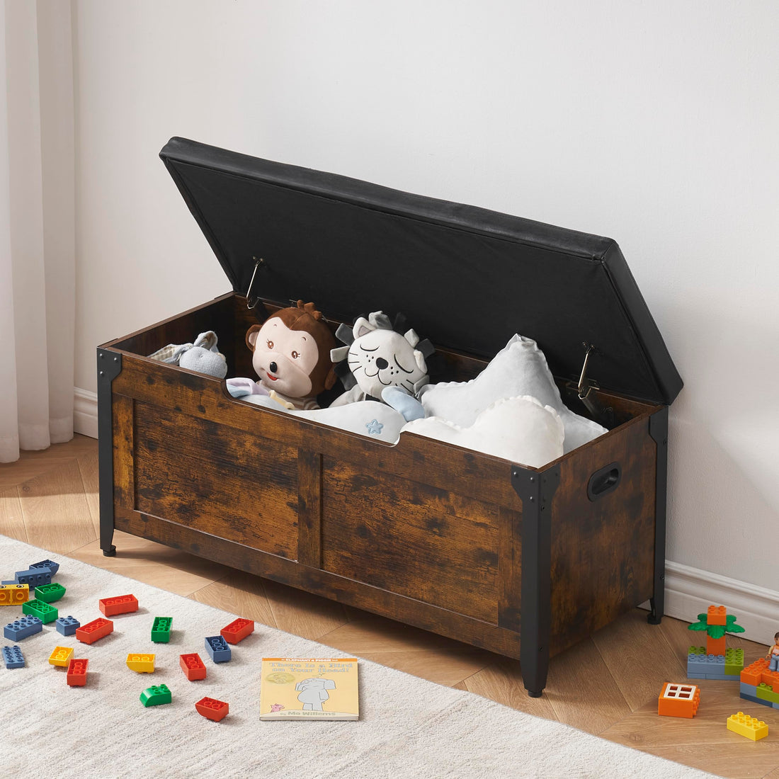 Panca portaoggetti Garvee con sportello di sicurezza, contenitore per giocattoli in legno rustico per corridoio e soggiorno, marrone, stile fattoria, robusto, versatile