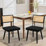 Set di 2 sedie da pranzo in rattan naturale Garvee con seduta imbottita in velluto e gambe in legno massello per cucina e sala da pranzo, stile boho nero - verde