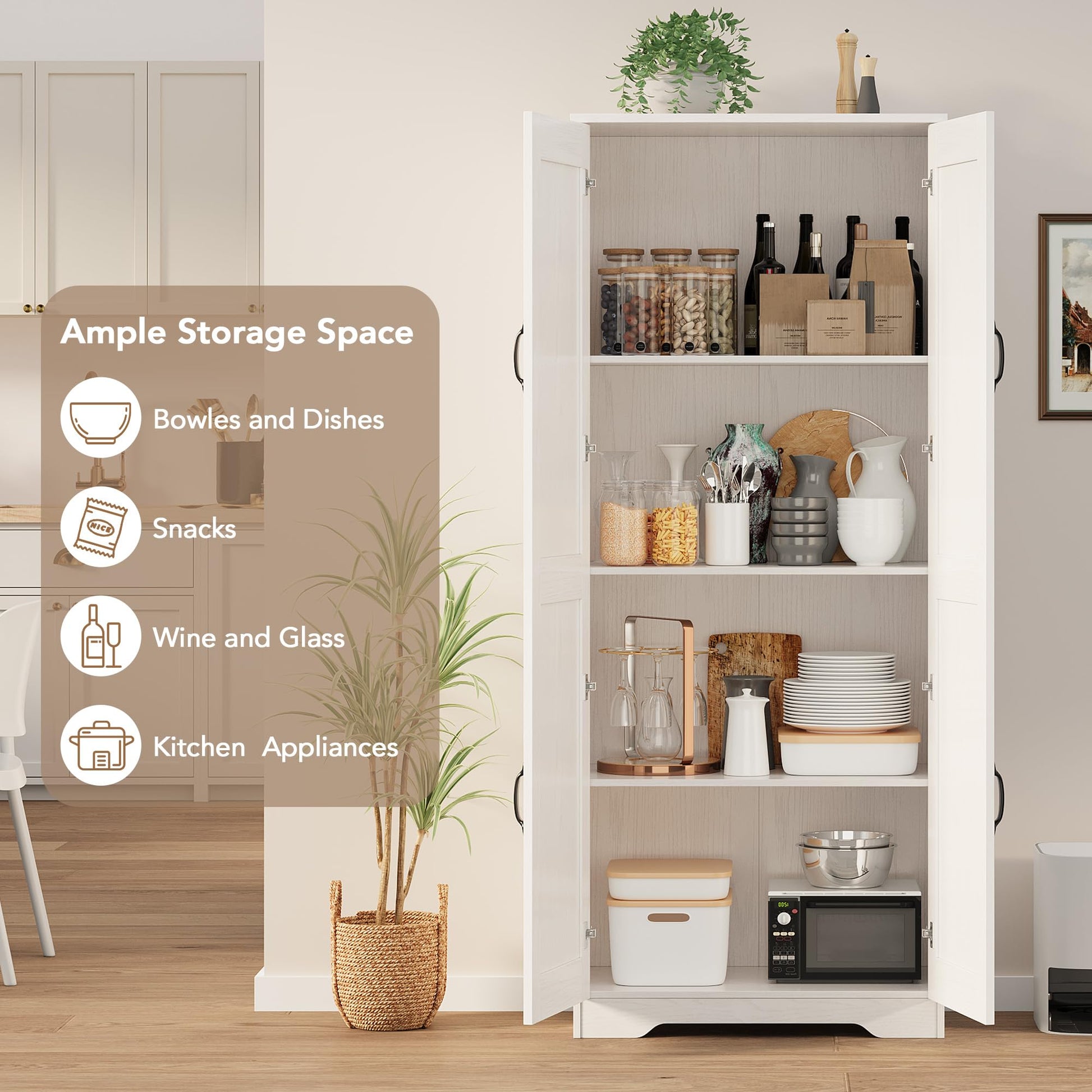 Mobile dispensa alto Garvee da 60" con 2 ante, ripiani regolabili, bianco, versatile per cucina e bagno
