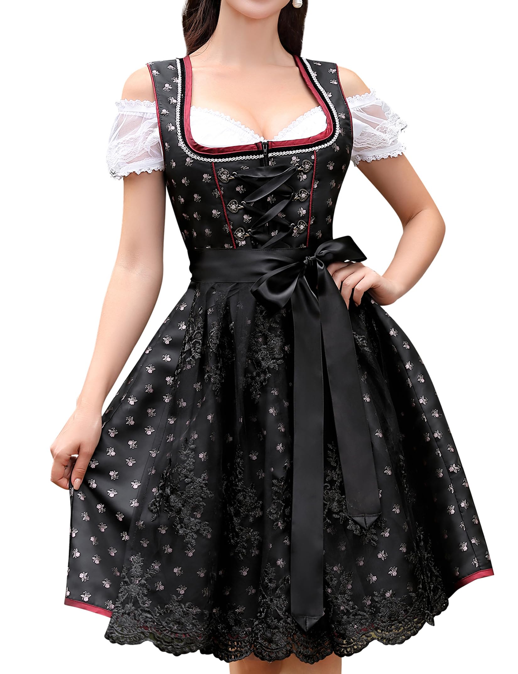 Garvee Dirndl da donna, set midi da 3 pezzi, elegante abito corto tradizionale rosso, taglia 38