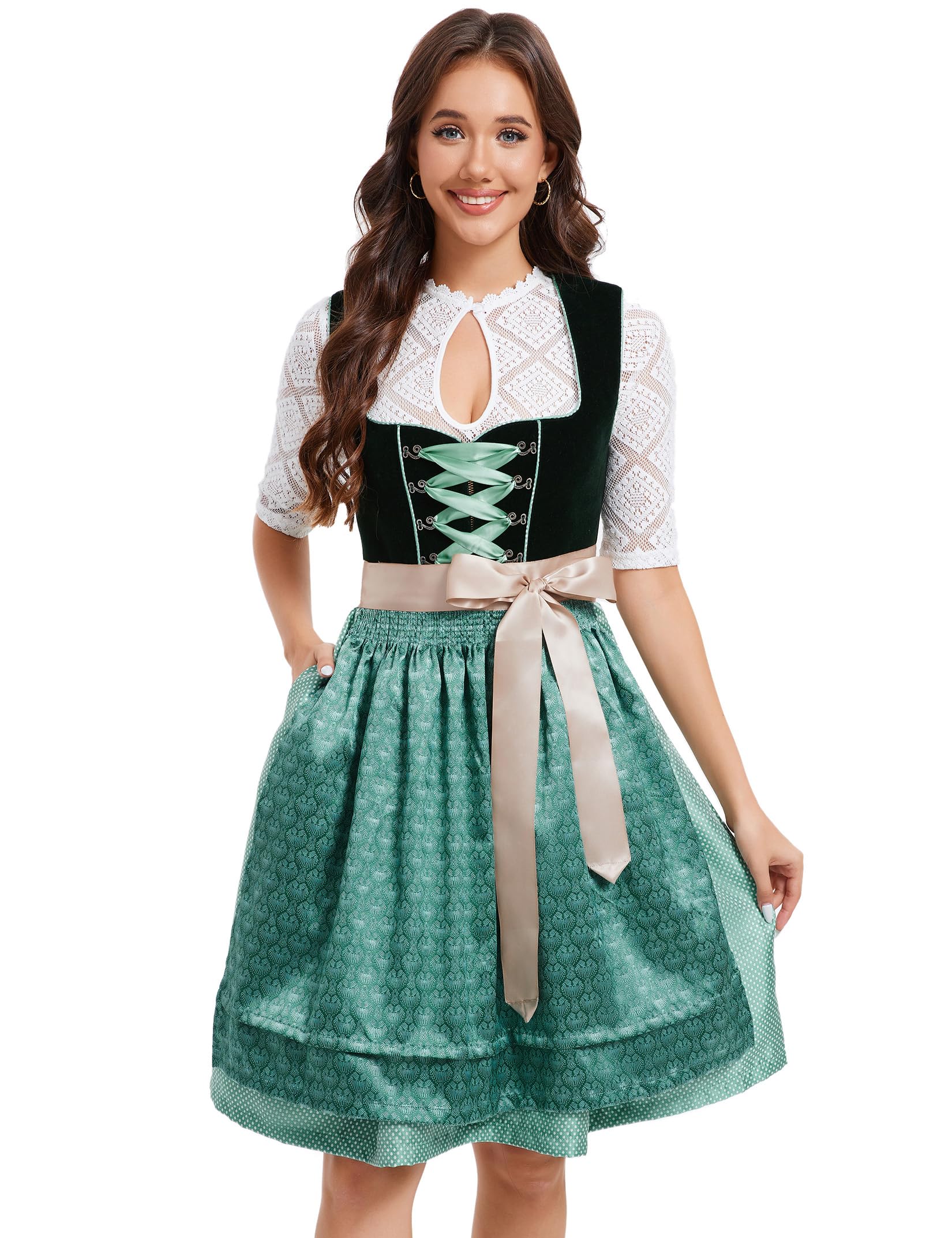 Garvee Dirndl da donna, abito tradizionale corto, midi, set completo, verde, taglia 34, per l'Oktoberfest