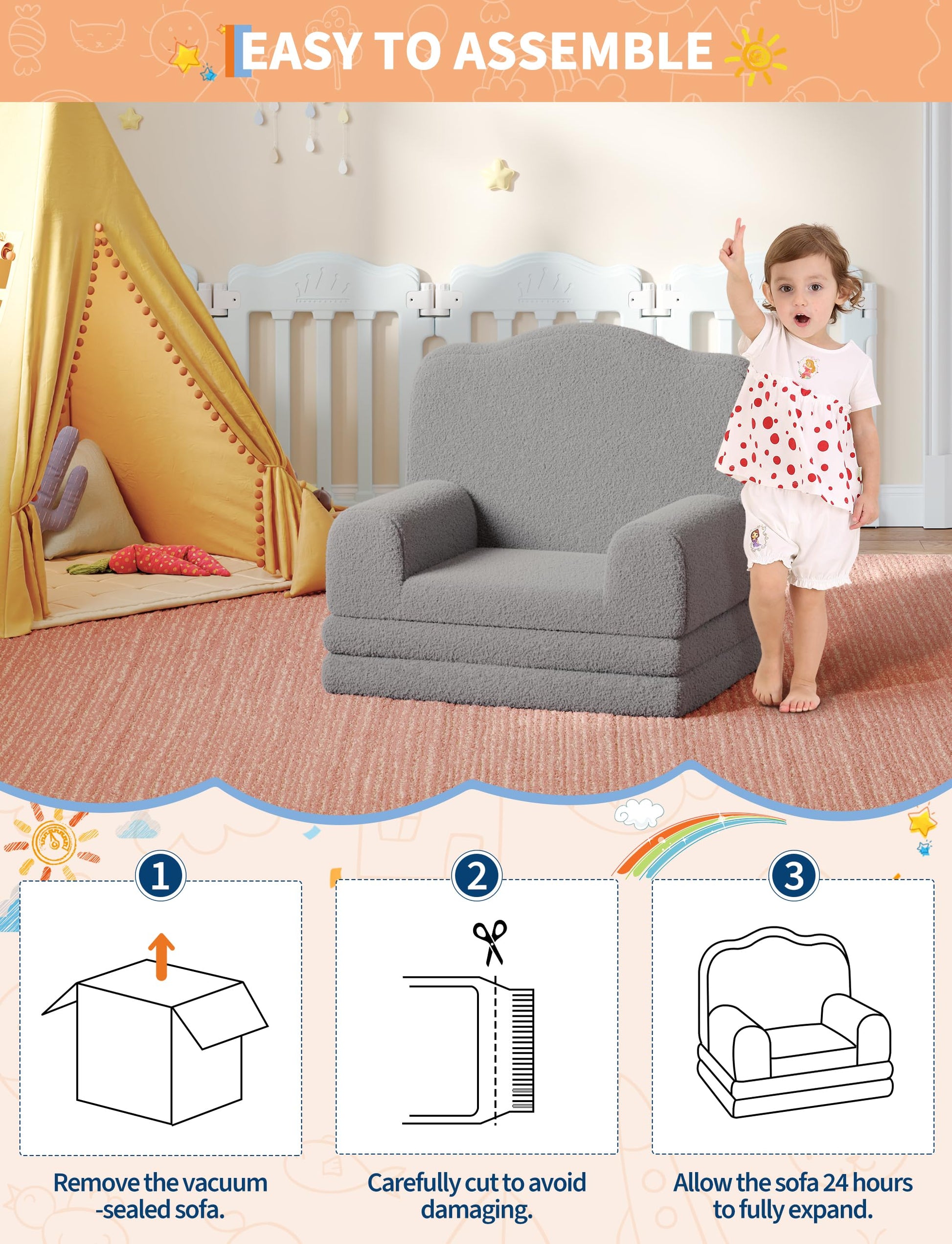 Divano per bambini Garvee 2 in 1 convertibile con elevato comfort, schiuma, morbido Sherpa, antiscivolo, grigio per sala giochi, leggero e sicuro