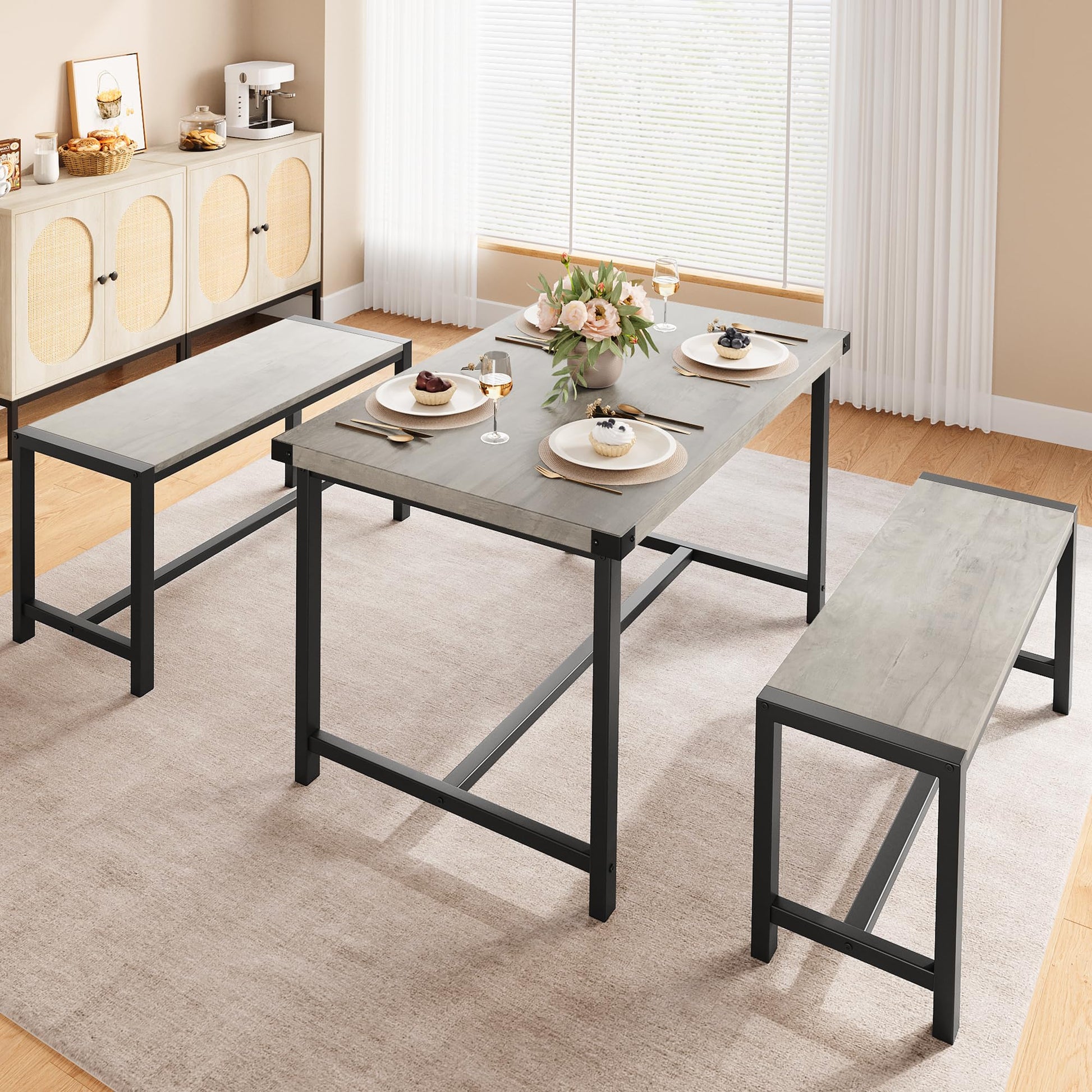 Set da pranzo Garvee per 4 persone con 2 panche, robusto MDF e acciaio, grigio, cucina e sala da pranzo, salvaspazio