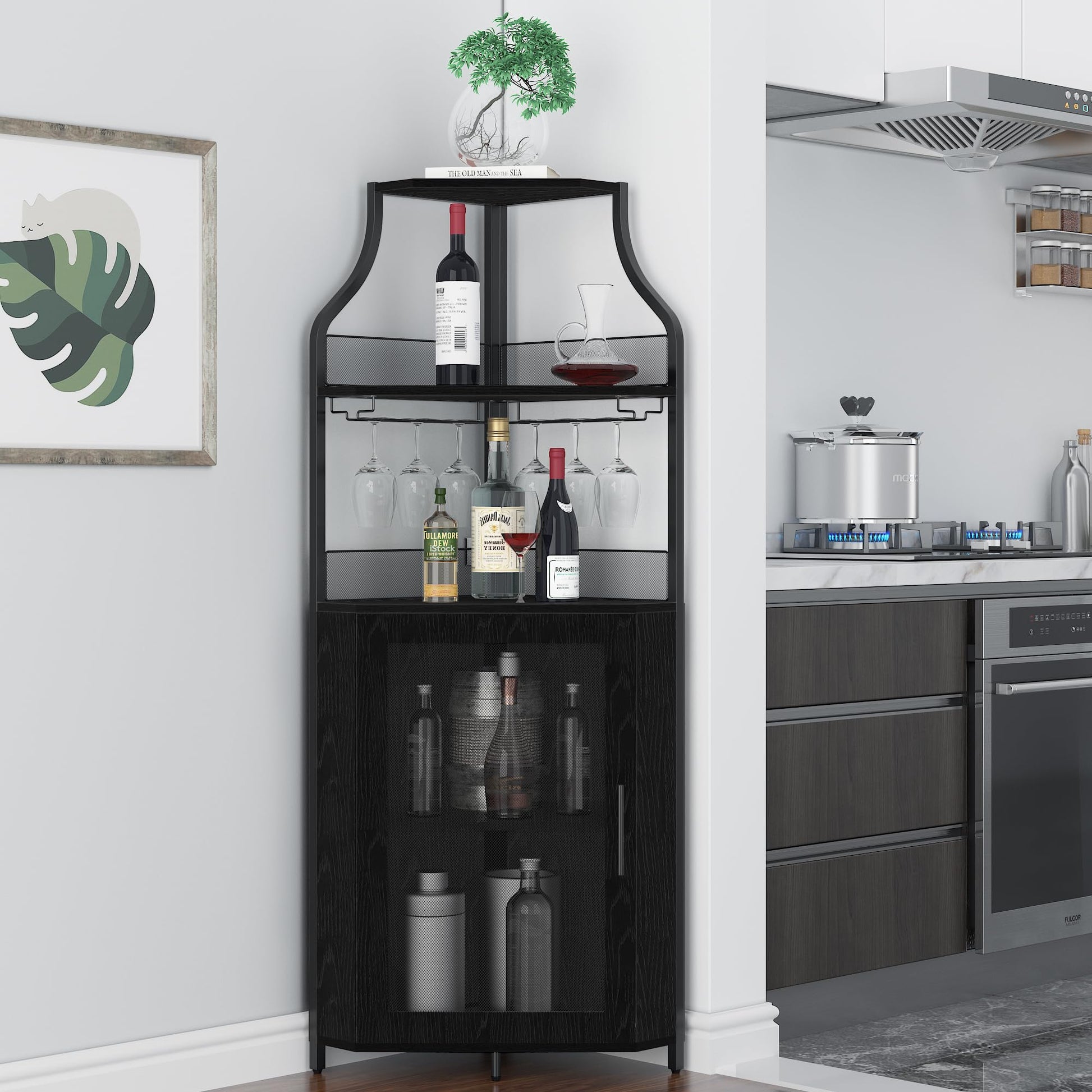 Mobiletto angolare portaoggetti Garvee, 5 ripiani con portabicchieri, ripiani regolabili, struttura in metallo, MDF, porta a battente, nero, per soggiorno e cucina, 47,2 x 45,7 x 152,4 cm