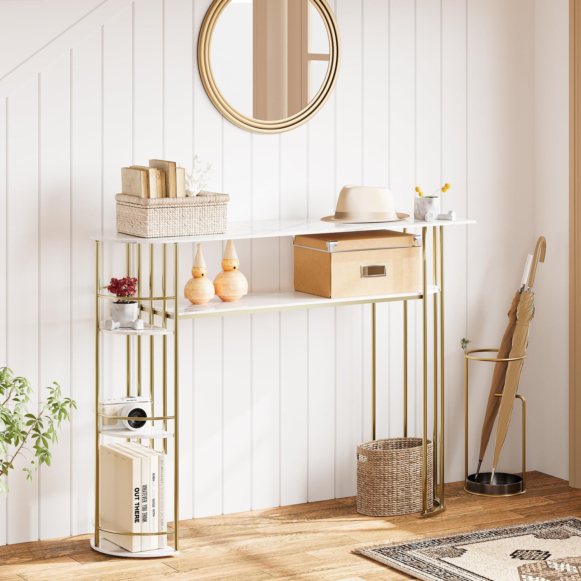 Tavolo consolle Garvee da 43,5" in metallo dorato con piano in marmo per soggiorno, corridoio, camera da letto, ingresso stretto