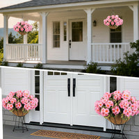 Set di fiori di geranio artificiali Garvee, 12 pezzi, resistenti alle intemperie, rosa, da appendere, per giardino e patio, cestino marrone