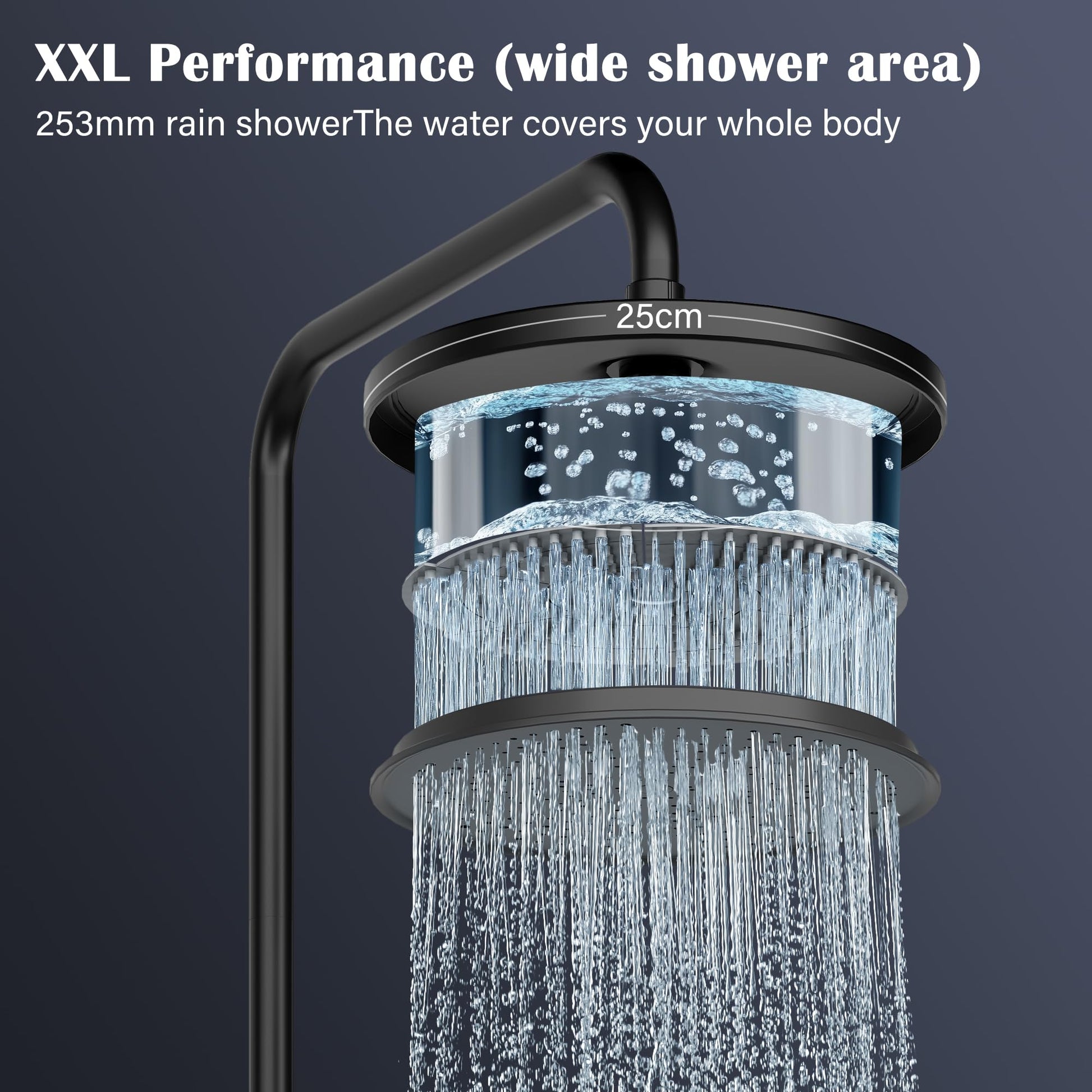 GARVEE Doccia a pioggia senza raccordi – Colonna doccia in acciaio inox nera rotonda 25 cm