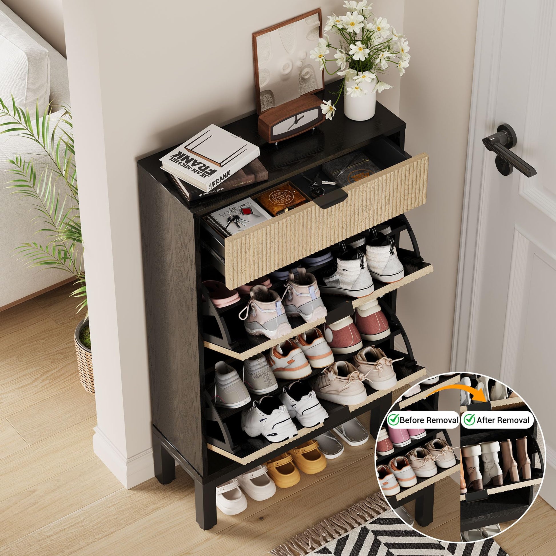 Scarpiera Garvee con 2 cassetti a ribalta, design scanalato in stile rustico, gambe in metallo, nero + rovere, per corridoio e ingresso, stretta