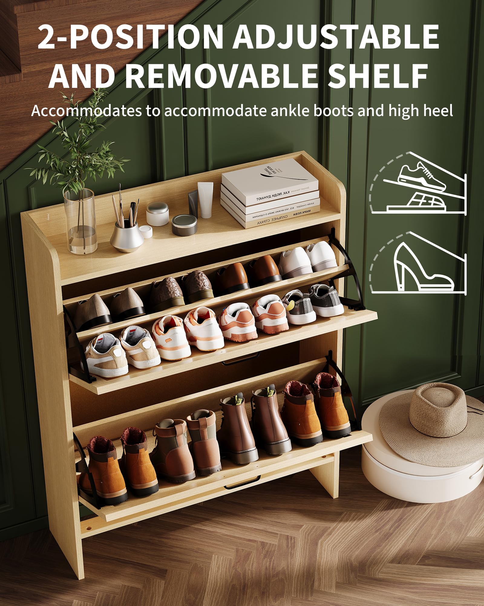 Garvee Scarpiera con 2 cassetti pieghevoli, marrone rustico, per corridoio e ingresso, resistente, salvaspazio, in legno