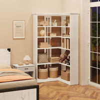 Libreria angolare Garvee da 72,8 pollici in legno rustico a 5 ripiani a forma di L, bianca per soggiorno, camera da letto, salvaspazio, robusta