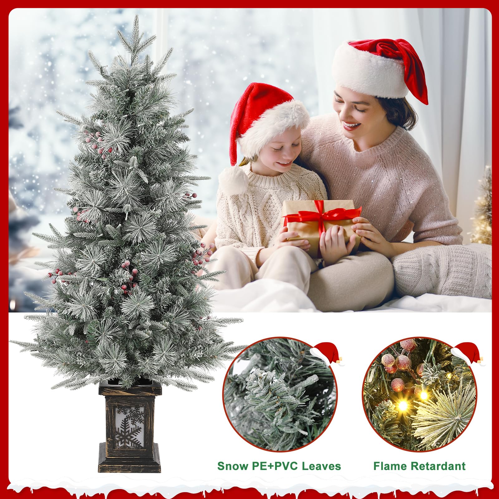 Albero di Natale Garvee 125cm con luci e decorazioni - base a fiocco di neve per una magica atmosfera invernale