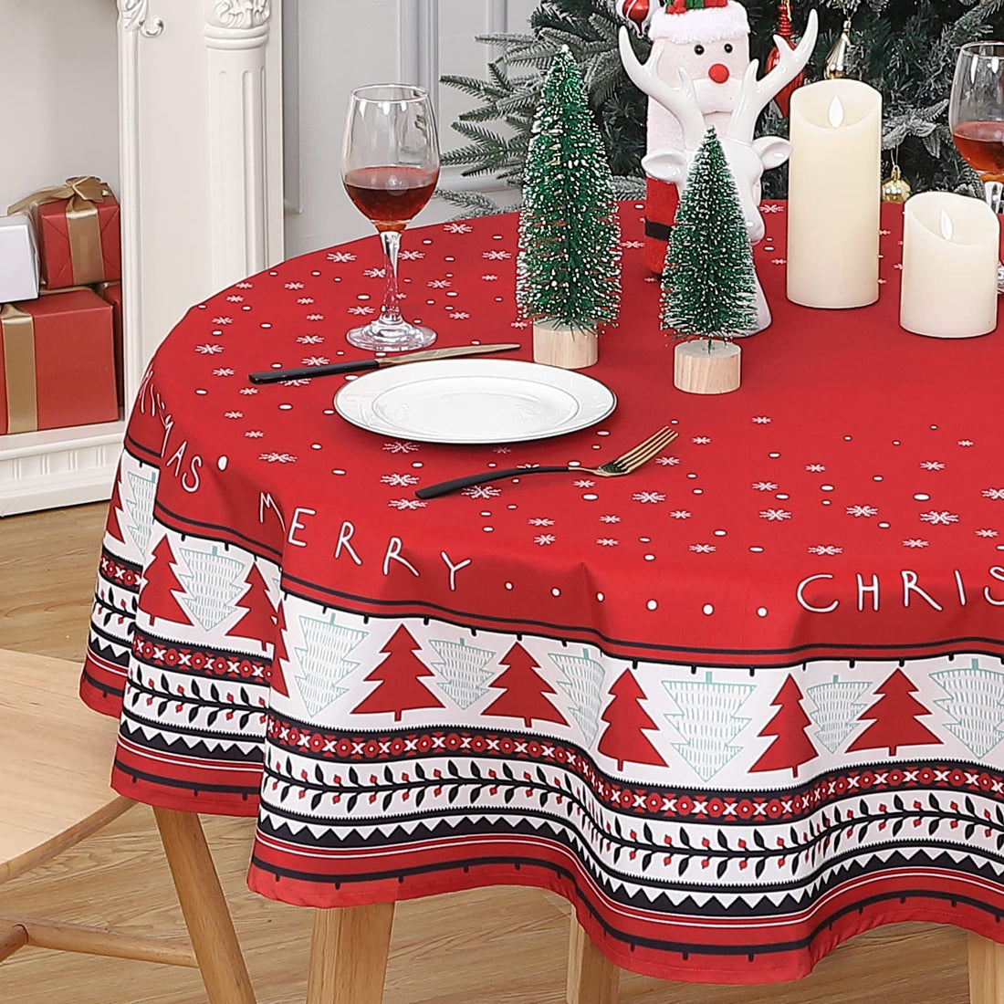 Tovaglia natalizia Garvee, impermeabile, rotonda, 60 cm, motivo albero di Natale, poliestere, festiva