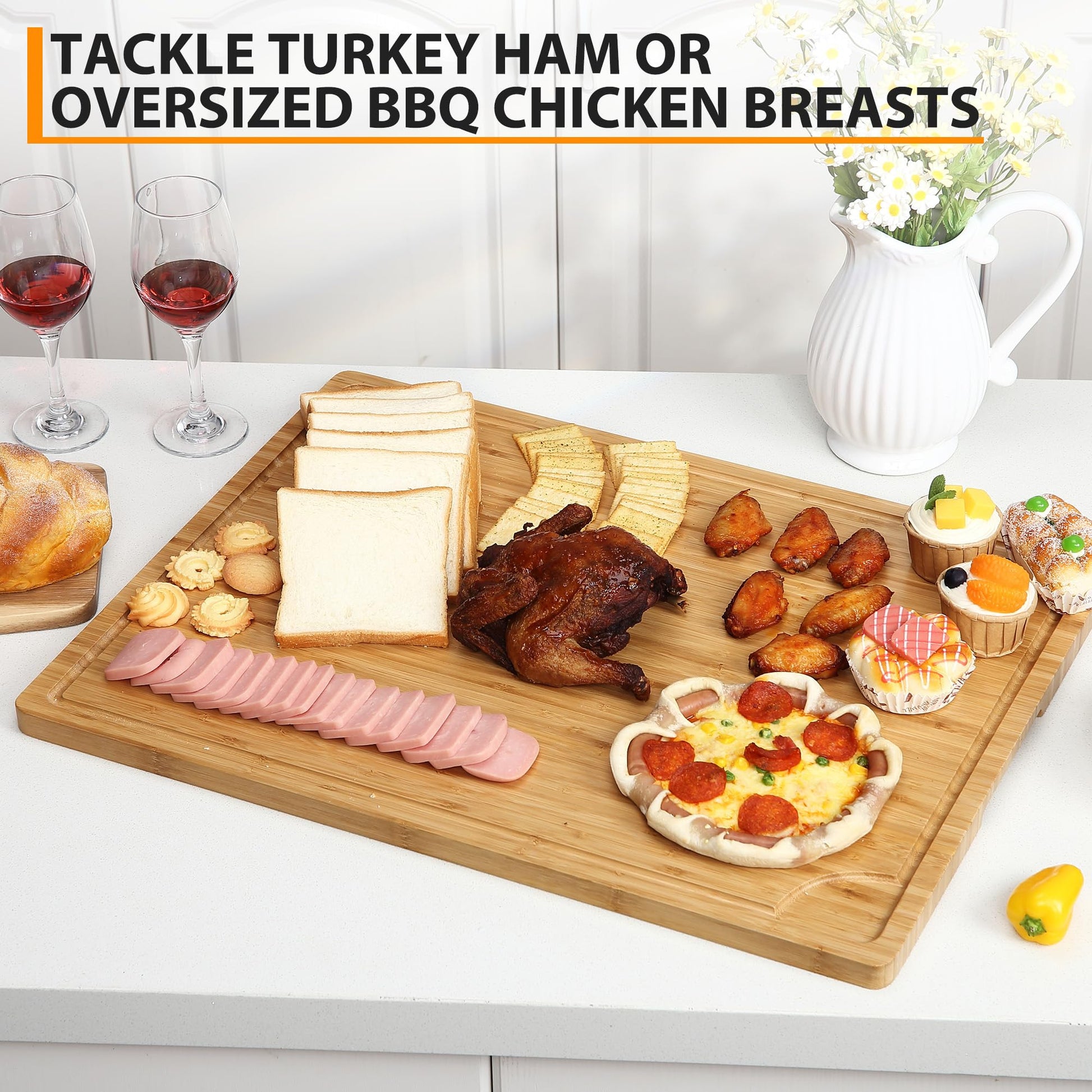 Tagliere in legno Garvee 24x18 pollici in bambù con scanalatura per il succo, adatto ai coltelli per l'uso in cucina, versatile, spesso 0,8 pollici, colore naturale