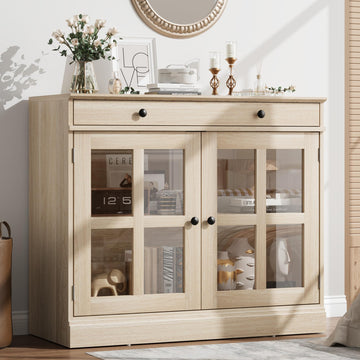 Credenza Garvee da 35,4" con anta in vetro, ripiani regolabili, chiusura ammortizzata, rovere, per sala da pranzo e cucina, struttura robusta, facile da montare