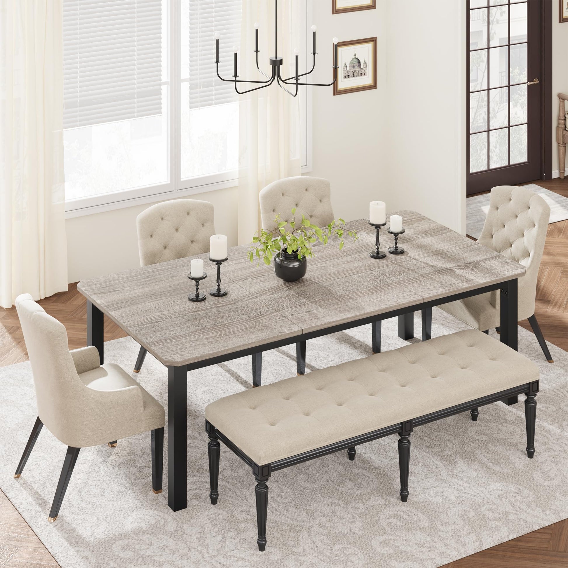 Tavolo da Pranzo Garvee Lungo 199.4 cm per 6-8 Persone Stile Industriale, Design Smussato, MDF e Metallo, Larghezza 10 cm, Marrone