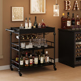 Garvee Carrello Bar 3 Ripiani con Ruote, Portabottiglie e Vassoio Rimovibile, Metallo Nero e MDF Marrone, Multiuso per Cucina e Soggiorno, Design Romano