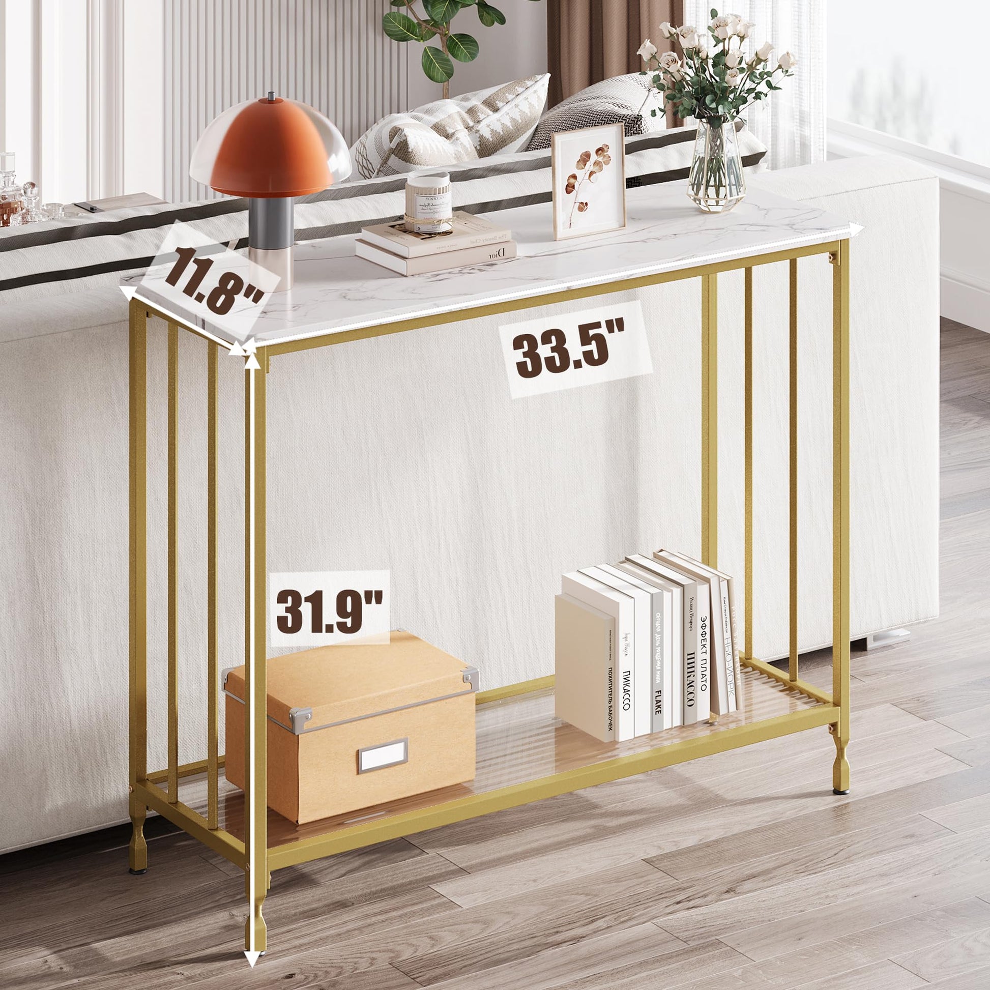 Tavolo stretto Garvee da 33.5" con ripiano in vetro, struttura in metallo, effetto legno vintage per soggiorno e corridoio, piedini regolabili, design robusto