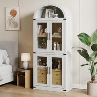 Libreria ad arco Garvee, stile fattoria, con ante e cassetti, per soggiorno e ufficio, alta 180 cm, in legno MDF, angoli in metallo, colore legno naturale.